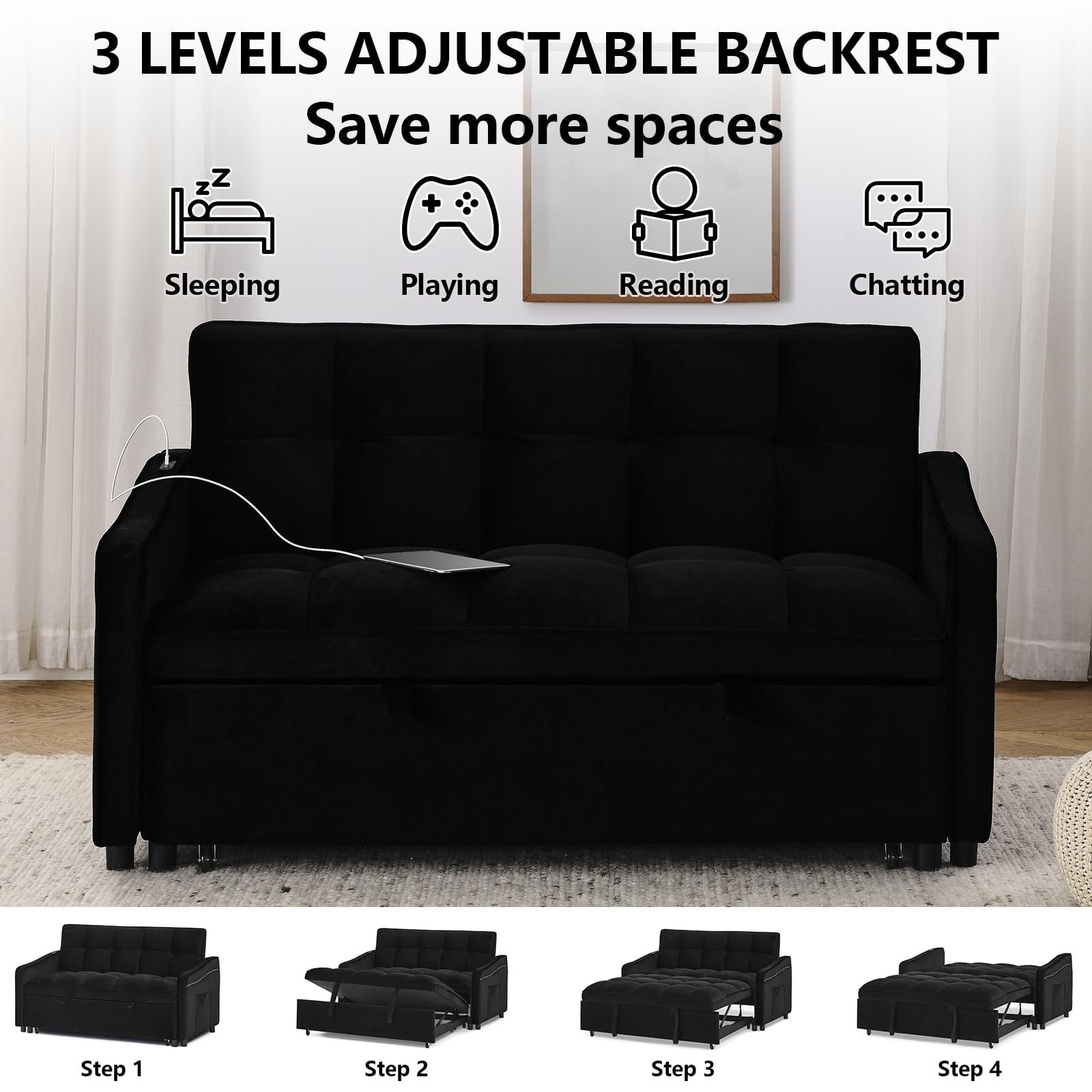 Keainvren Sleeper Sofa with Pocket Velvet Pull Out Sofa Bed with USB Charging Convertible Sofa Adjustable Backrest Loveseat Sofa Couch for Living Room, Office,Small Space (Black 5)