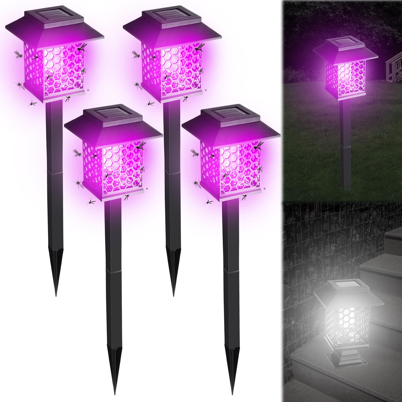 Qualirey 4 Pcs Solar Bug Zapper 2 in 1 Waterproof Mosquito Killer Lamp with Purple and White Light Outdoor Solar Insect Trap Black Fly Repellent Light for Patio Yard Garden Pathway