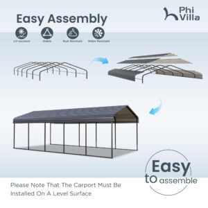 PHI VILLA Outdoor Carport Canopy 12' x 25', Metal Carport Tent Heavy Duty, Garage Car Shelter Shade with Metal Roof, Frame and Bolts for Car, Truck and Boat