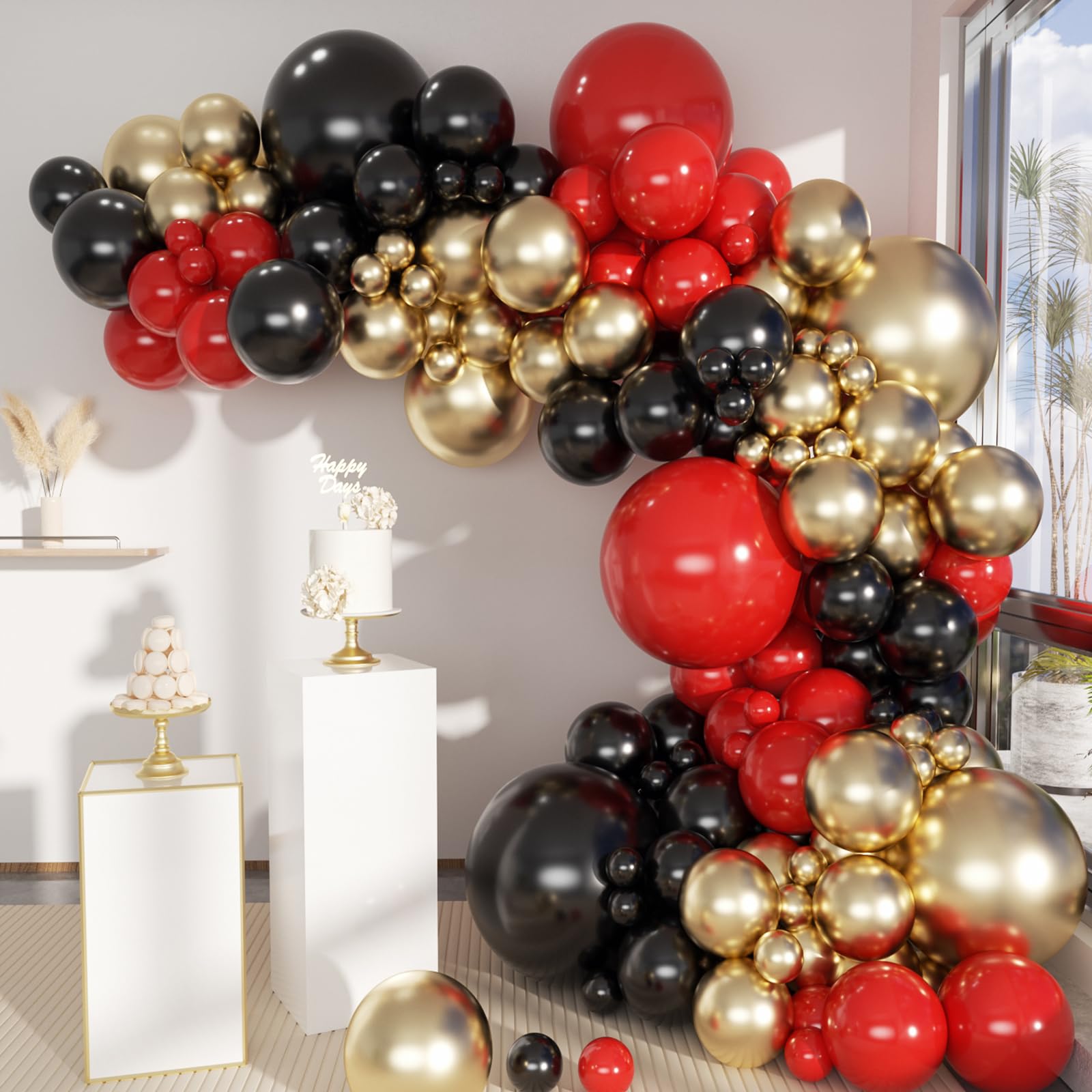 MEBAY Black Gold Red Balloons Garland Arch Kit, 141Pcs Latex Balloons Different Sizes 18 12 10 5 Inch for Party Decorations, Wedding Backdrop, Birthday, Baby Shower, Graduation