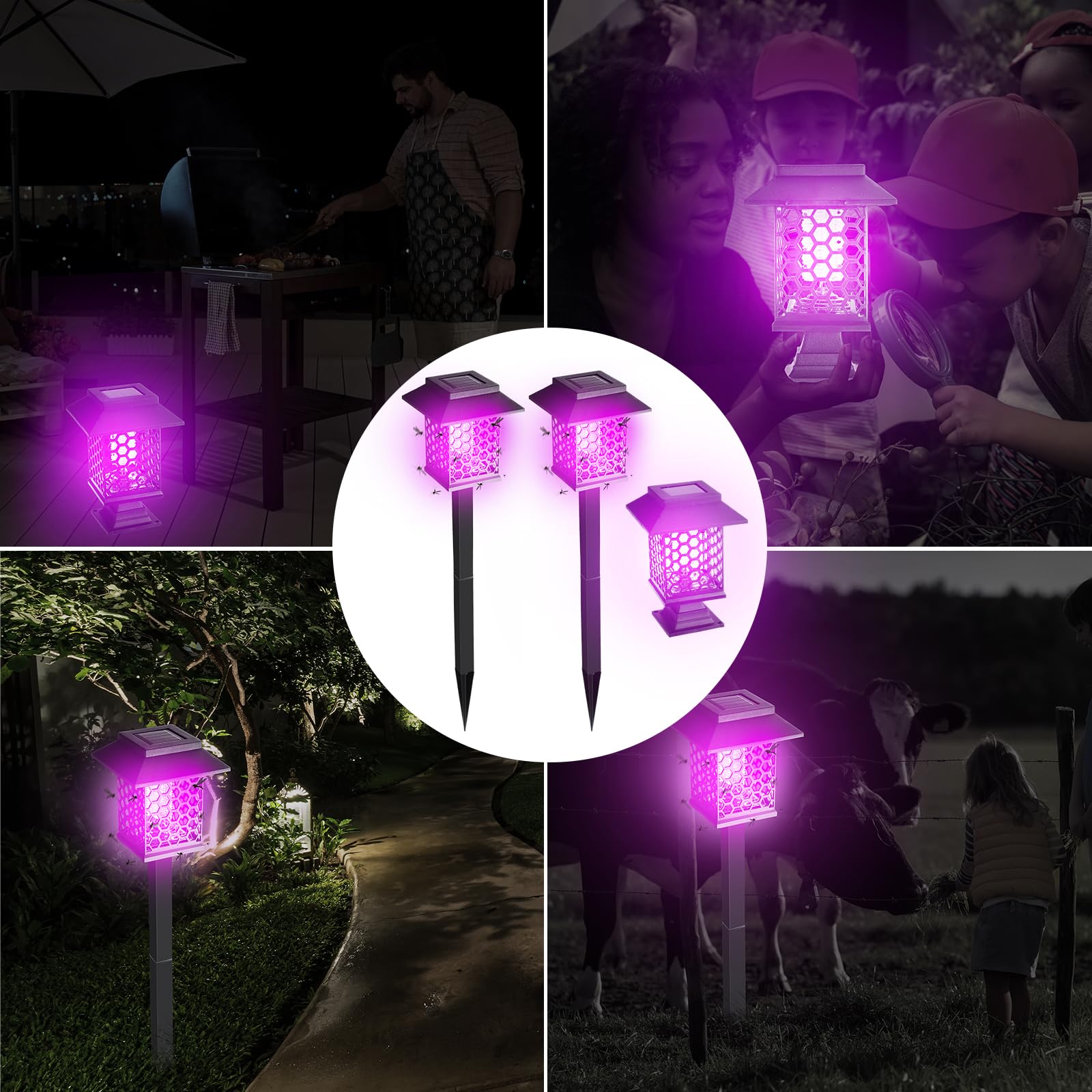 Qualirey 4 Pcs Solar Bug Zapper 2 in 1 Waterproof Mosquito Killer Lamp with Purple and White Light Outdoor Solar Insect Trap Black Fly Repellent Light for Patio Yard Garden Pathway