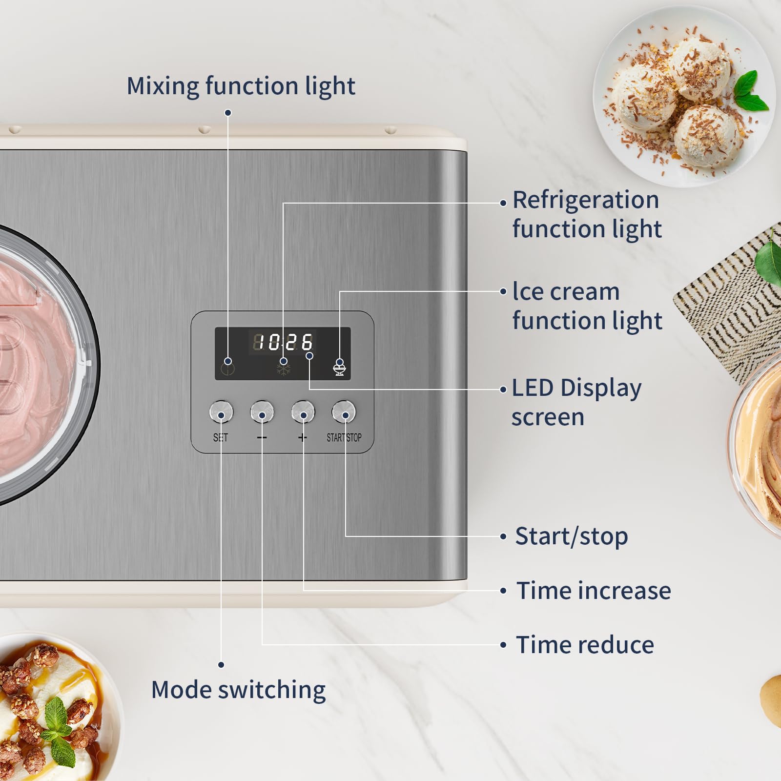 AIRMSEN 2.1-Quart Ice Cream Maker Machine with Built-in Compressor, No Pre-Freezing Required, Fully Automatic Frozen Treats Maker with LED Display & Timer, 72-Minute Cooling Function, Stainless Steel