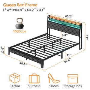 Winkalon Queen Bed Frame with Ergonomic Headboard, Platform Bed Frame with RGB Lights, Outlets & Charger, Fast Assembly Bed Queen Size, Modern Wood Upholstered Headboard,Gray