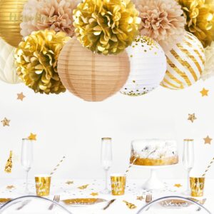 NICROHOME Wedding Decorations, 12 PCS Gold White Party Tissue Pom Poms Paper Lanterns and Confetti 50G Set for Bridal Shower Wedding Decoration Birthday Festival Celebration Deco