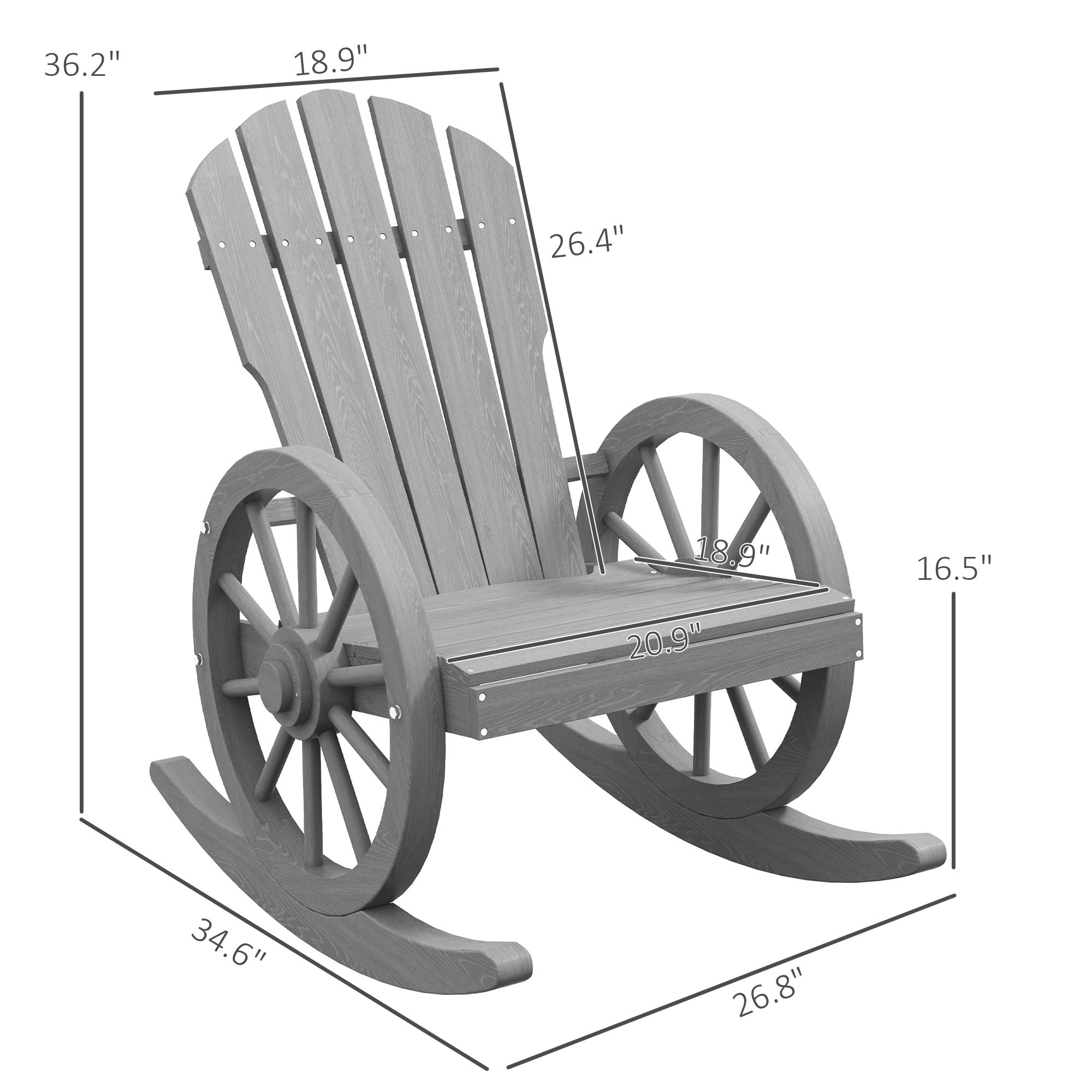 Outsunny Wooden Rocking Chair, Adirondack Rocker Chair w/Slatted Design and Oversized Back, Outdoor Rocking Chair with Wagon Wheel Armrest for Porch, Poolside, and Garden, Gray