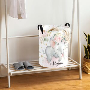 Pink Sweet Floral Elephant Personalized Laundry Basket Custom Name Collapsible Waterproof Laundry Hamper Clothes with Handle for Bedroom Bathroom Nursery Decor