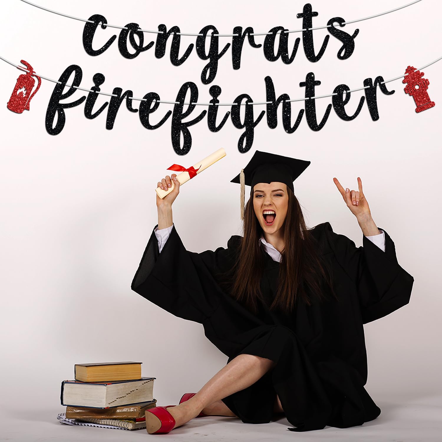 Congrats Firefighter Banner, Class of 2024/Congrats Grad, Fire Department Graduation Party Decoration Supplies for Fireman, Black Glitter