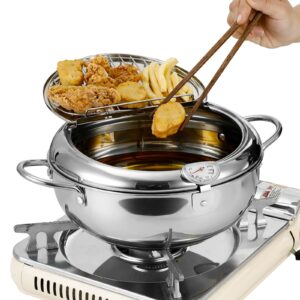 ylarmy deep fryer pot, 11 inch/4.2 l janpanese tempura frying pot with lid, stainless steel thermometer deepfryer with temperature control oil filter rack, kitchen french fries maker, chicken oil fry