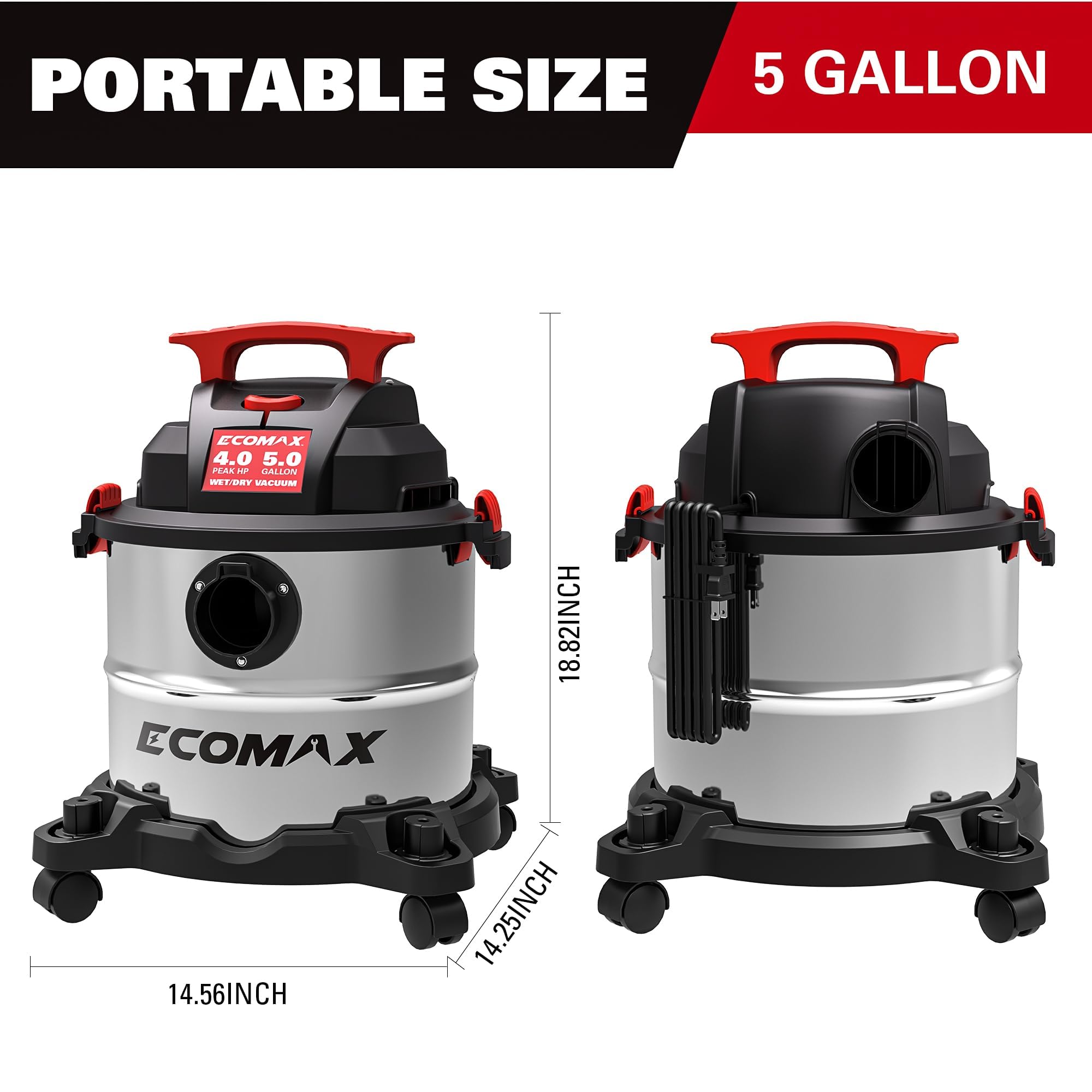 ECOMAX Wet Dry Vac 5 Gallon, 4 Peak HP, Portable Stainless Steel Shop Vacuum Wet/Dry with Powerful Suction-85 CFM, 3-in-1 Wet/Dry/Blow, Shop Vacuum for Home, Workshop, Jobsite, EM18115