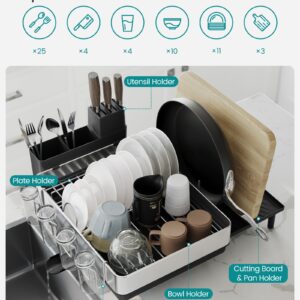 SONGMICS Large Dish Drying Rack, Expandable Dish Dryer for Kitchen Counter, Stainless Steel Dish Rack with Rotatable Spout, Utensil, Cup, Glass, Cutting Board, Pan Holders, Silver and Black UKCS037B01