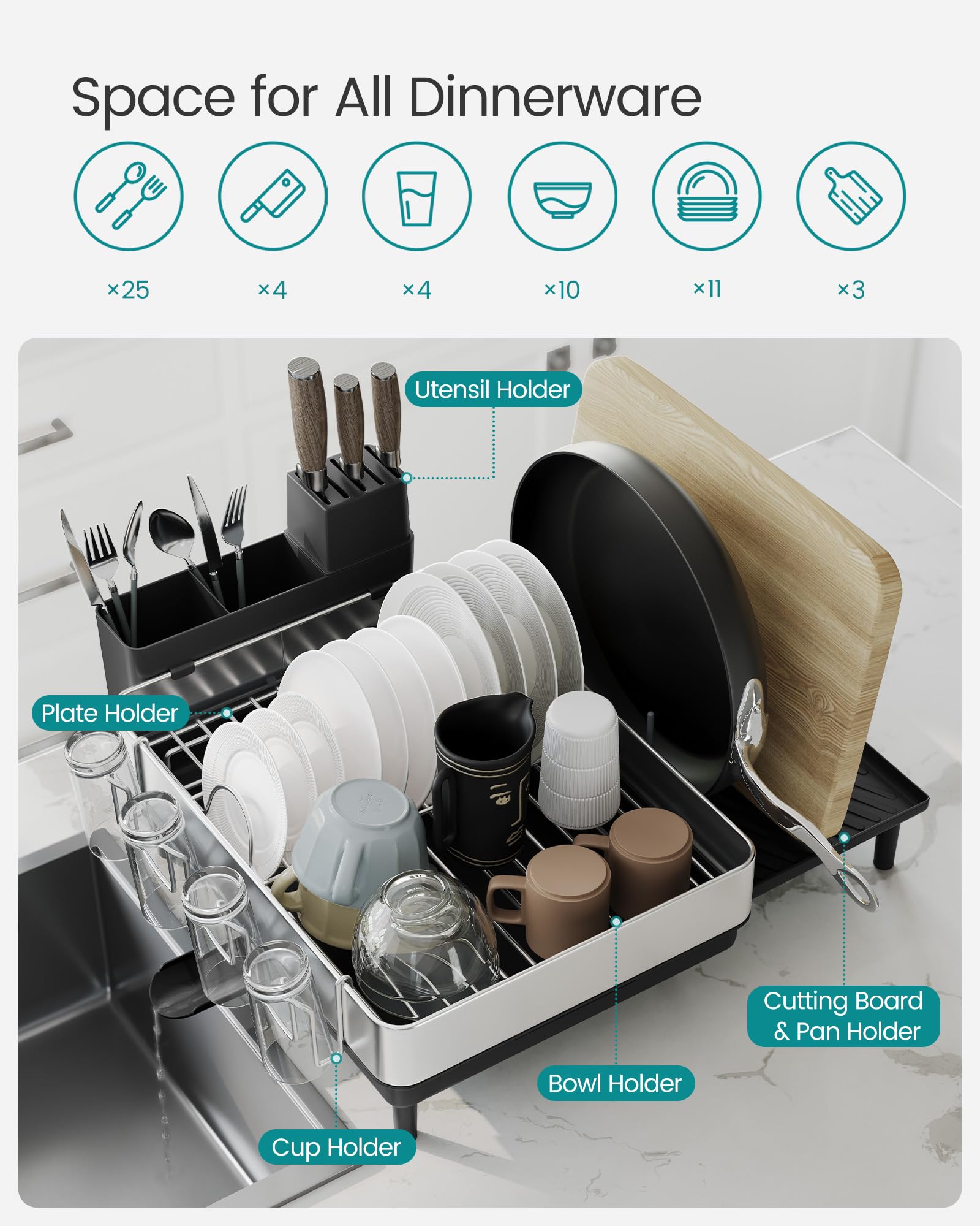 SONGMICS Large Dish Drying Rack, Expandable Dish Dryer for Kitchen Counter, Stainless Steel Dish Rack with Rotatable Spout, Utensil, Cup, Glass, Cutting Board, Pan Holders, Silver and Black UKCS037B01