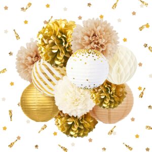 nicrohome wedding decorations, 12 pcs gold white party tissue pom poms paper lanterns and confetti 50g set for bridal shower wedding decoration birthday festival celebration deco