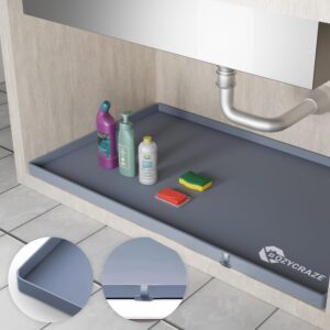 cozycraze under sink mat 𝟮𝟮𝘅𝟯𝟰 inches, durable slip resistant silicone under the sink mat with drain hole on edge for bathroom and kitchen cabinets, under sink mats for kitchen waterproof (grey)