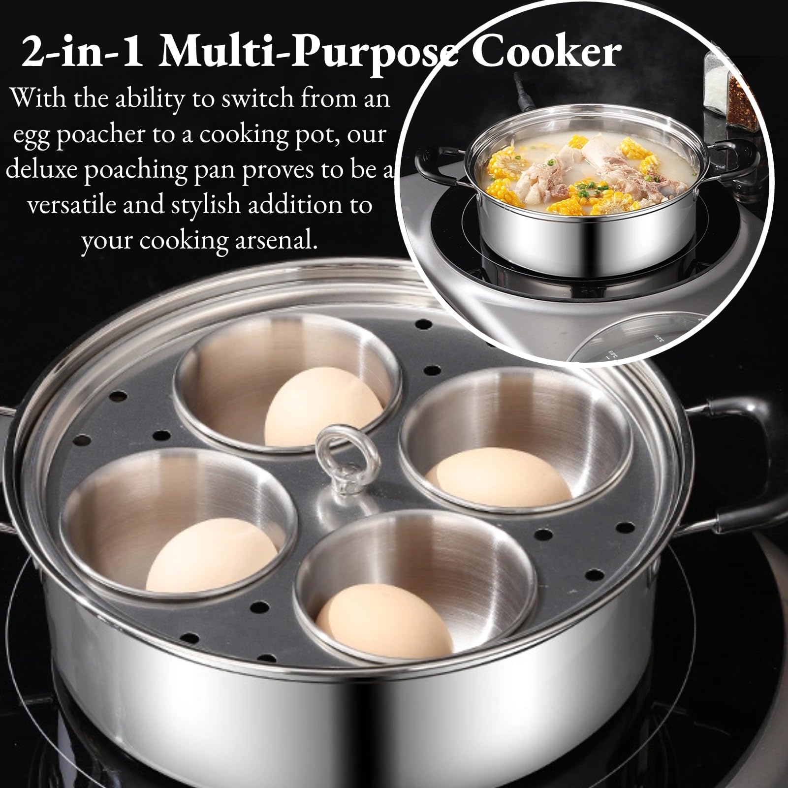 GOVNPJ Egg Poacher Pan, Poached Egg Pan Stainless Steel Egg Pan with 4 Cups Egg Cooker Poached Egg Maker for Kitchen (without coating)