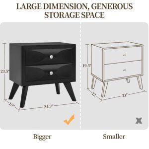 Yaheetech Nightstands Set of 2, Almost Fully-Assembled Nightstands with 2 Drawers and Solid Wood Legs, Large Bedside Tables with Storage, Modern Side Tables for Bedroom, 24.5″L×15″W×23.5″H, Black