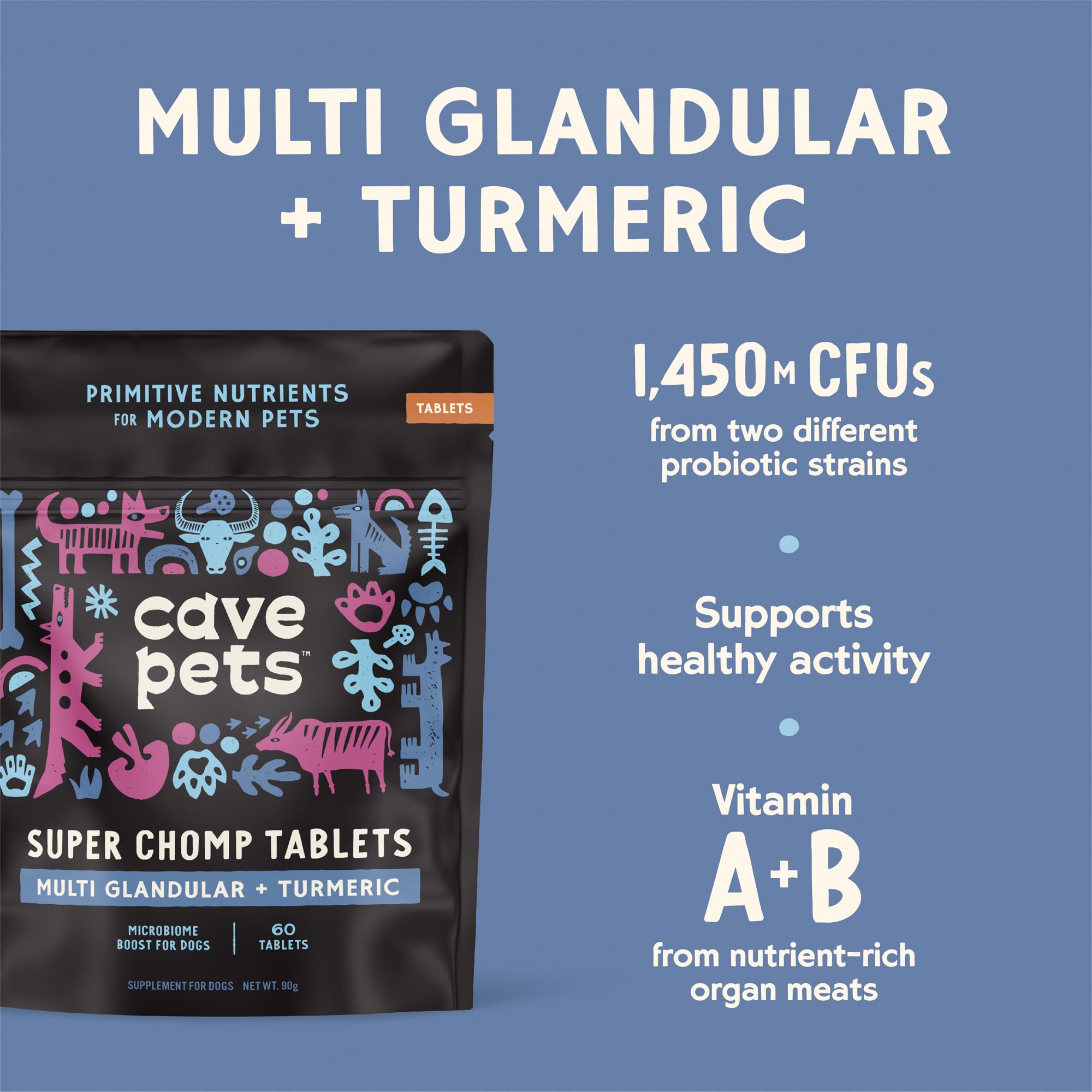 Cave Pets, Super Chomp Tablets, Dog Probiotic Supplement for Digestive Health and Microbiome Support, Multi-Glandular & Turmeric, 60 Tablets