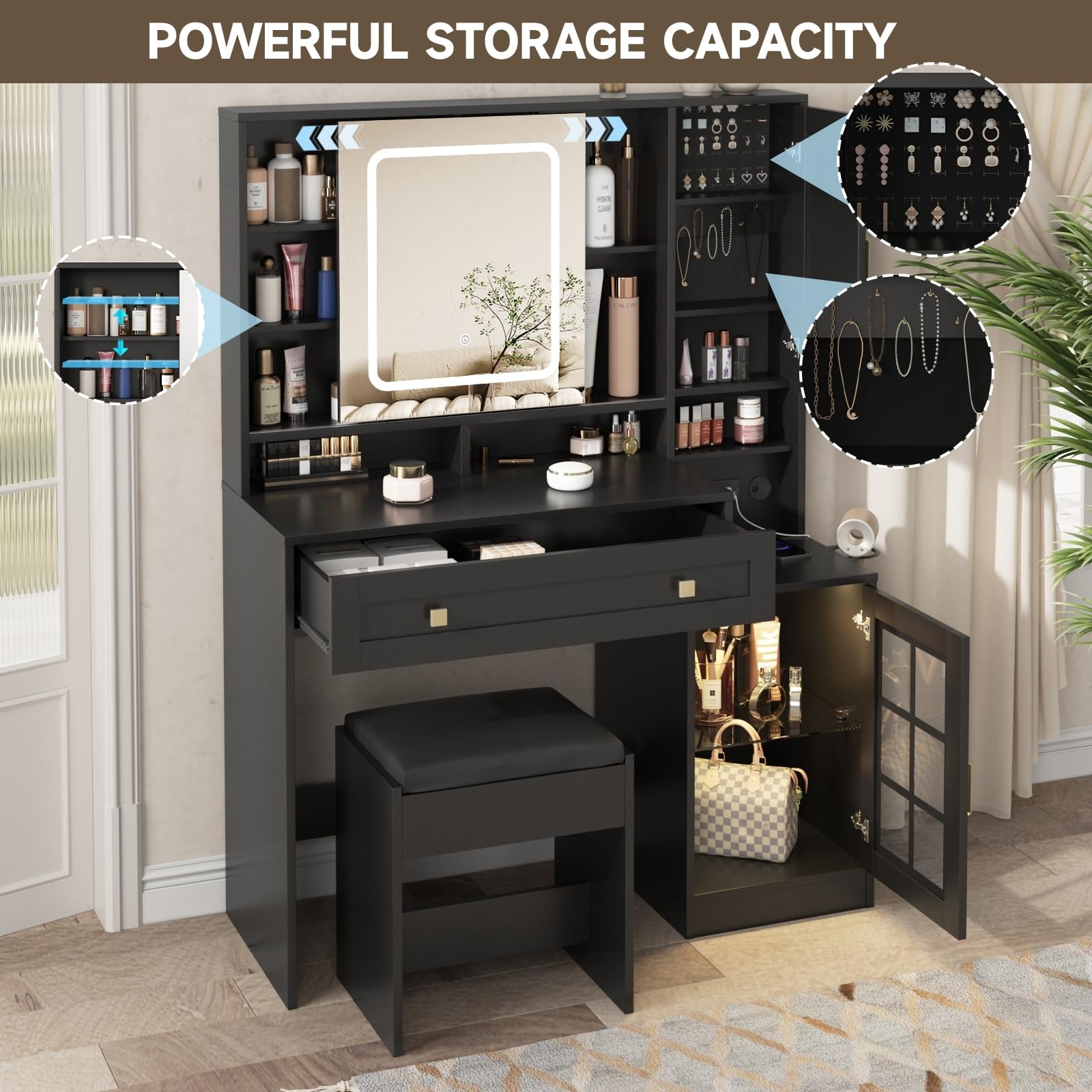 Vabches Vanity Desk with Sliding Mirror and Lights, 41.8'' Black Makeup Vanity Table with Jewelry Storage & Charging Station, Stool, Large Drawer, Visual Cabinet, 3 Lighting Modes, Adjustable Shelves