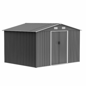 Lifeand 10’x 8’ Outdoor Storage Shed, All Weather Metal Sheds with Metal Foundation & Lockable Doors, Tool Shed for Garden, Backyard, Front Yard, Lawn, Patio, Grey