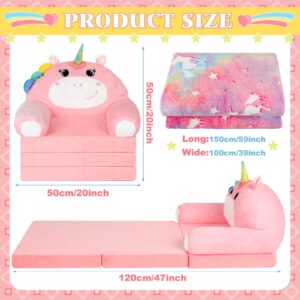 Burbell Toddler Chairs Comfy Toddler Couches That Fold Out with Blanket 2-in-1 Kids Fold Out Couch Velvet Toddler Couch Foldable Chairs for Toddlers Convertible Sofa to Lounger(Pink,Unicorn)