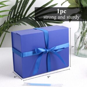 JOHOUSE Gift Box with Magnetic Closure Lid, 9x7x4inch Blue Collapsible Gift Box with Ribbon Greeting Card Envelope for Wedding Bridesmaid Gift Graduation Birthday