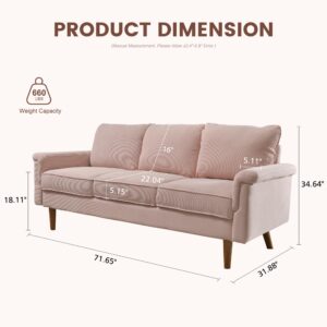 ovios Modern Corduroy Couch with Cloud Cushion,Comfy 3 Seater Sofa with Deep Seat,Comfortable Small Sofas for Small Space Living Room Bedroom Office Apartment (Pink)