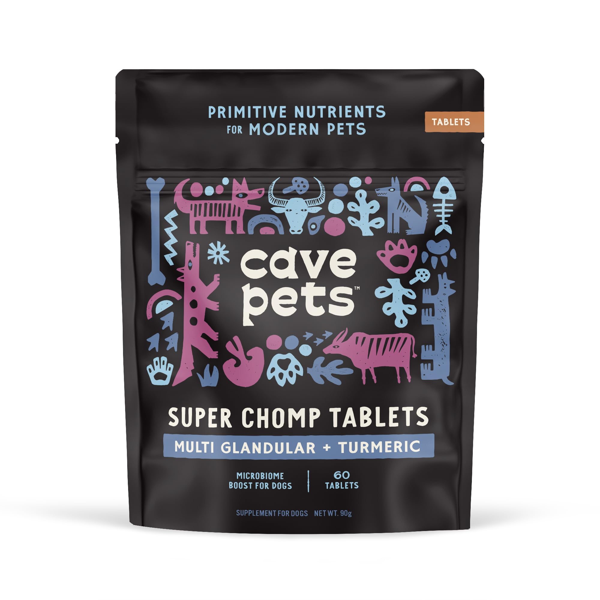 Cave Pets, Super Chomp Tablets, Dog Probiotic Supplement for Digestive Health and Microbiome Support, Multi-Glandular & Turmeric, 60 Tablets