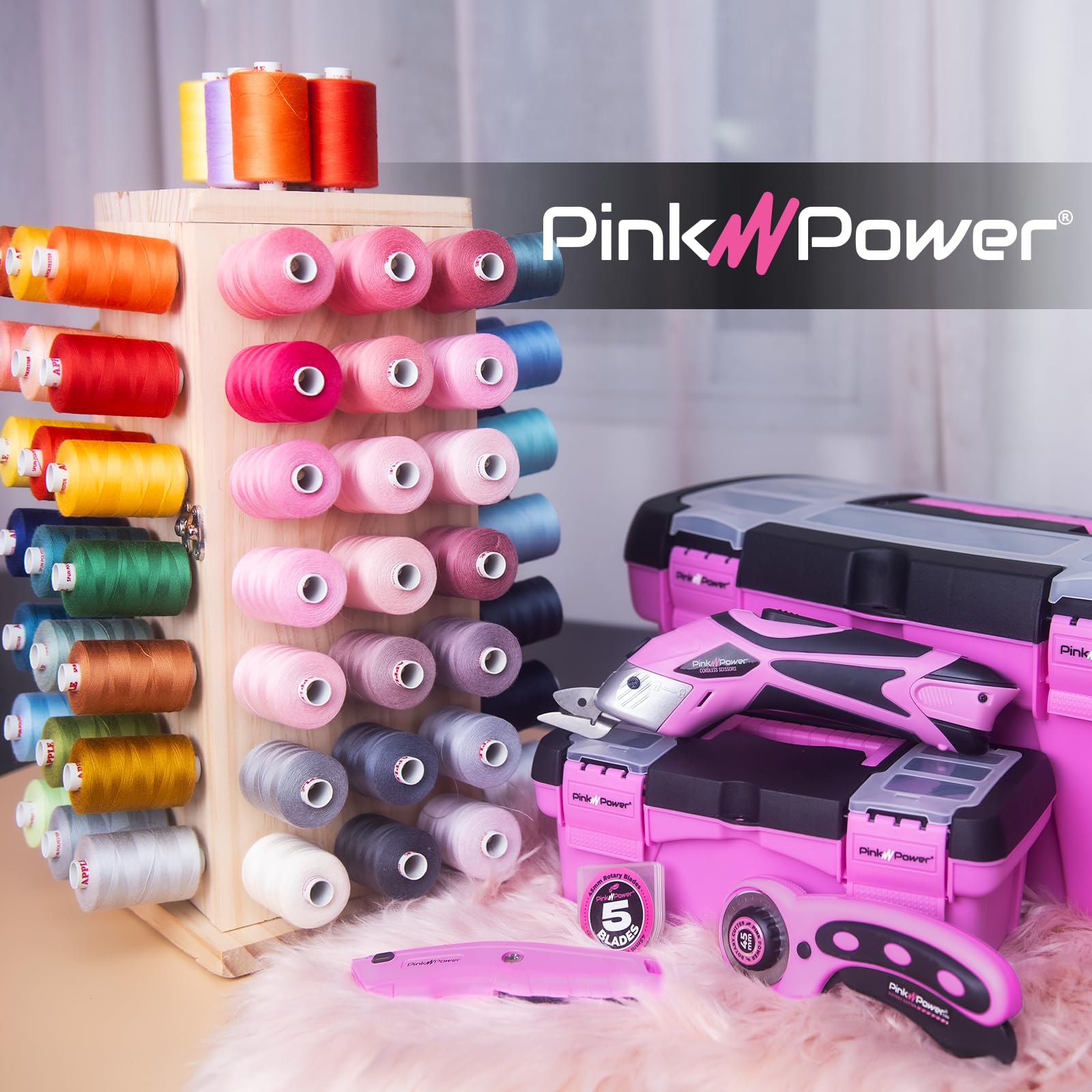 Pink Power 84 Spools Thread Holder Stand - 360° Full Rotating Wooden Thread Holder - Thread Rack - Embroidery Thread Organizer - Thread Storage box for Sewing, Quilting, Jewelry, and Hair-Braiding