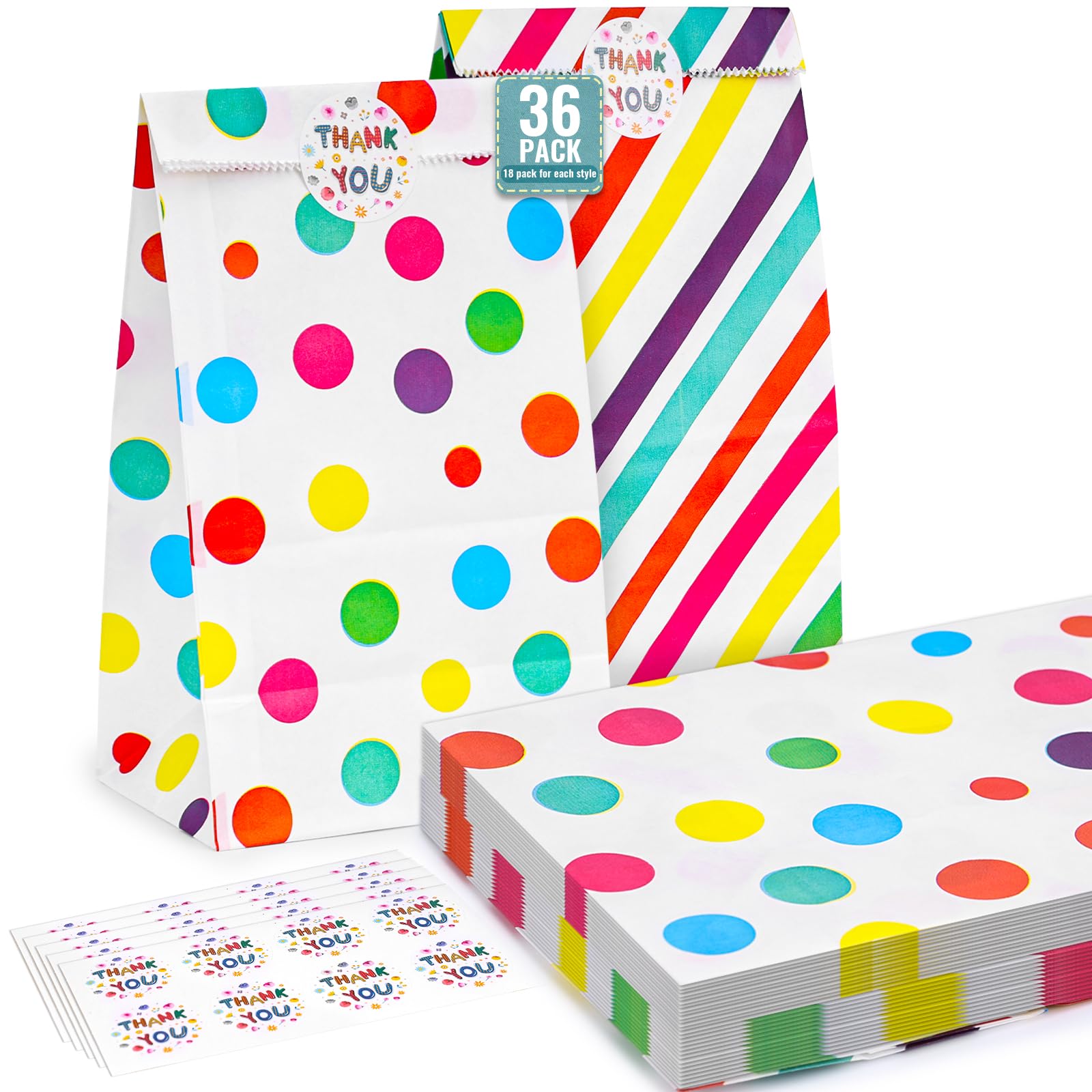 HONEYGIFTS 36PCS Party Favor Bags, Goodie Bags with Sealing Stickers, 4.7" x 3.1" x 8.7" Colorful Treat Bags Rainbow Stripe and Dots Candy Bags