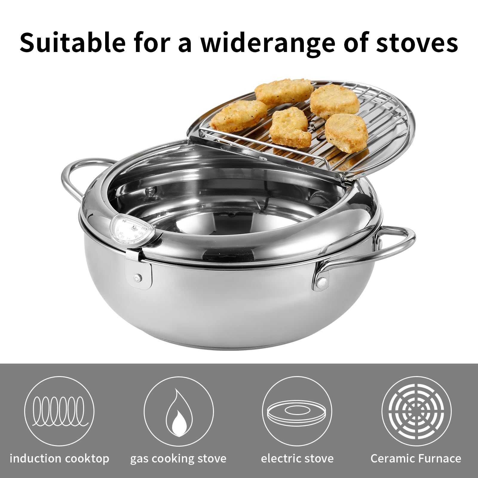 YLARMY Deep Fryer Pot, 11 Inch/4.2 L Janpanese Tempura Frying Pot with Lid, Stainless Steel thermometer deepfryer with Temperature Control Oil filter rack, Kitchen French Fries maker, Chicken Oil Fry