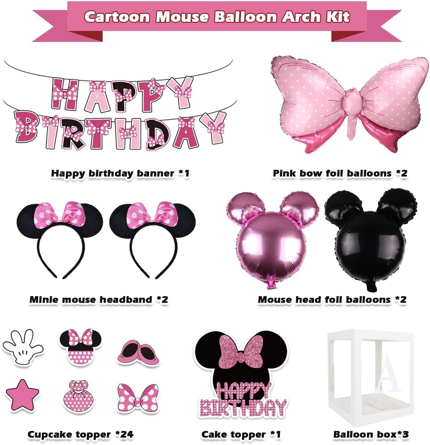 Pink Mouse Birthday Party Supplies - Pink Mouse Balloon Garland Arch Kit for Cartoon Mouse Theme Birthday Party Decorations for Girl, Pink Bow Foil Balloons and Banners for Baby Shower Party Supplies