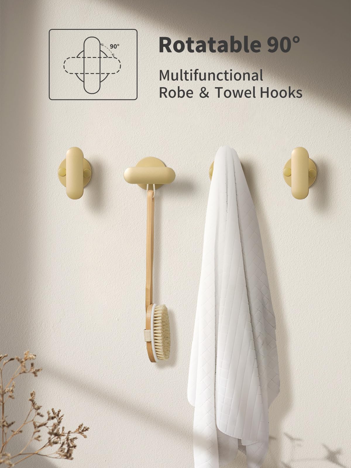 SORWDUERM 2 Pack Gold Robe Towel Hooks for Bathroom Kitchen Wall Mounted Self-Adhesive Hooks Shower Hooks Glass, Mirror, Tile Coat Hat Heavy Duty Rotatable