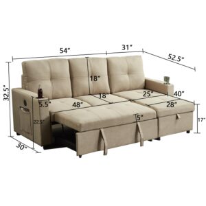 INSTORY Mid-Century Modern Linen Sofa Pull Out Sofa Bed L-Shaped Sectional Sofa Convertible Sleeper Sofabed with Storage Chaise & USB & Cup Holder for Living Room - Light Brown