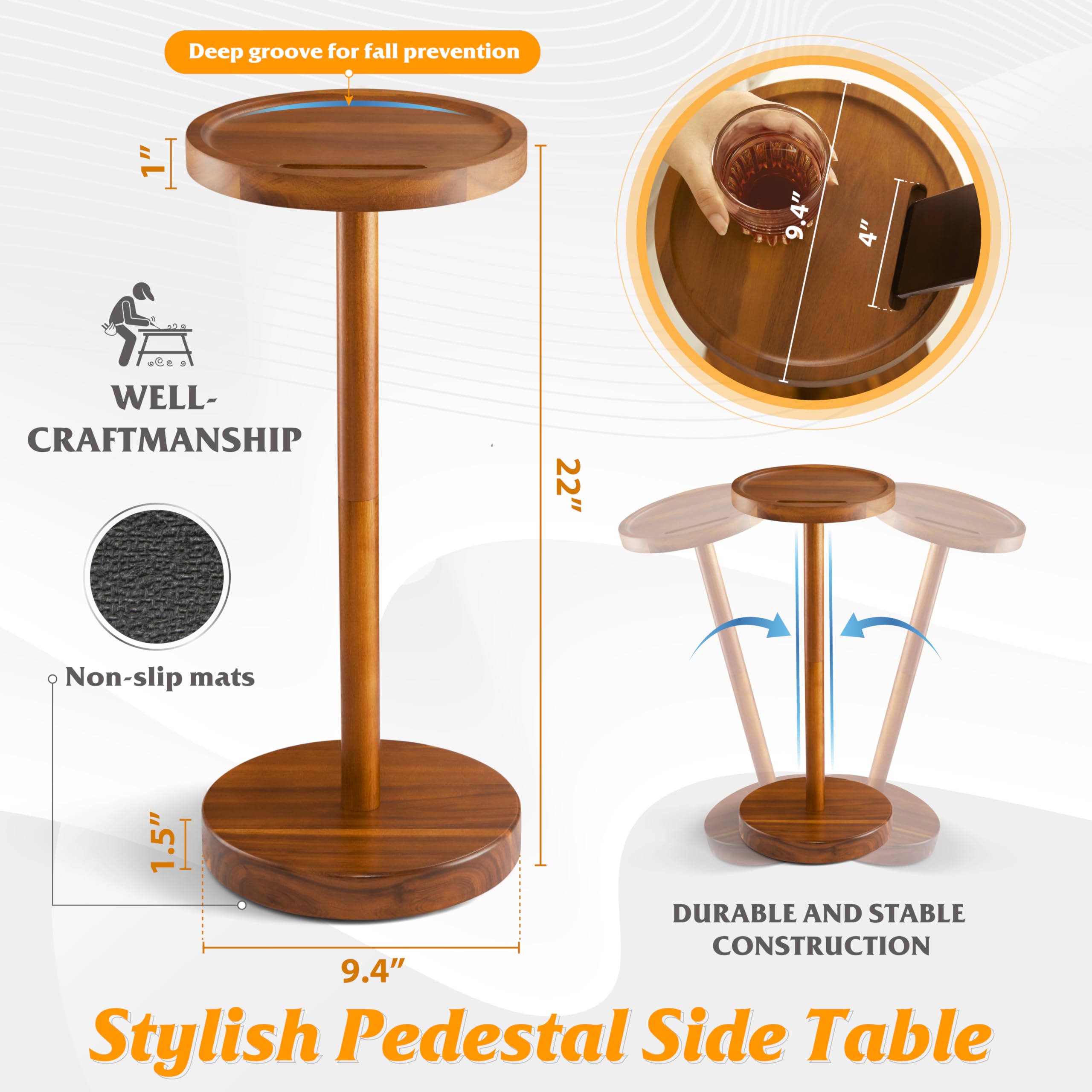 BLUEWEST Pedestal Side Table, Acacia Weighted Base Drink Table, Small Round Side Table for Small Spaces with Phone Holder, Martini and Cocktail Pedestal End Table, Mini Pedestal Table