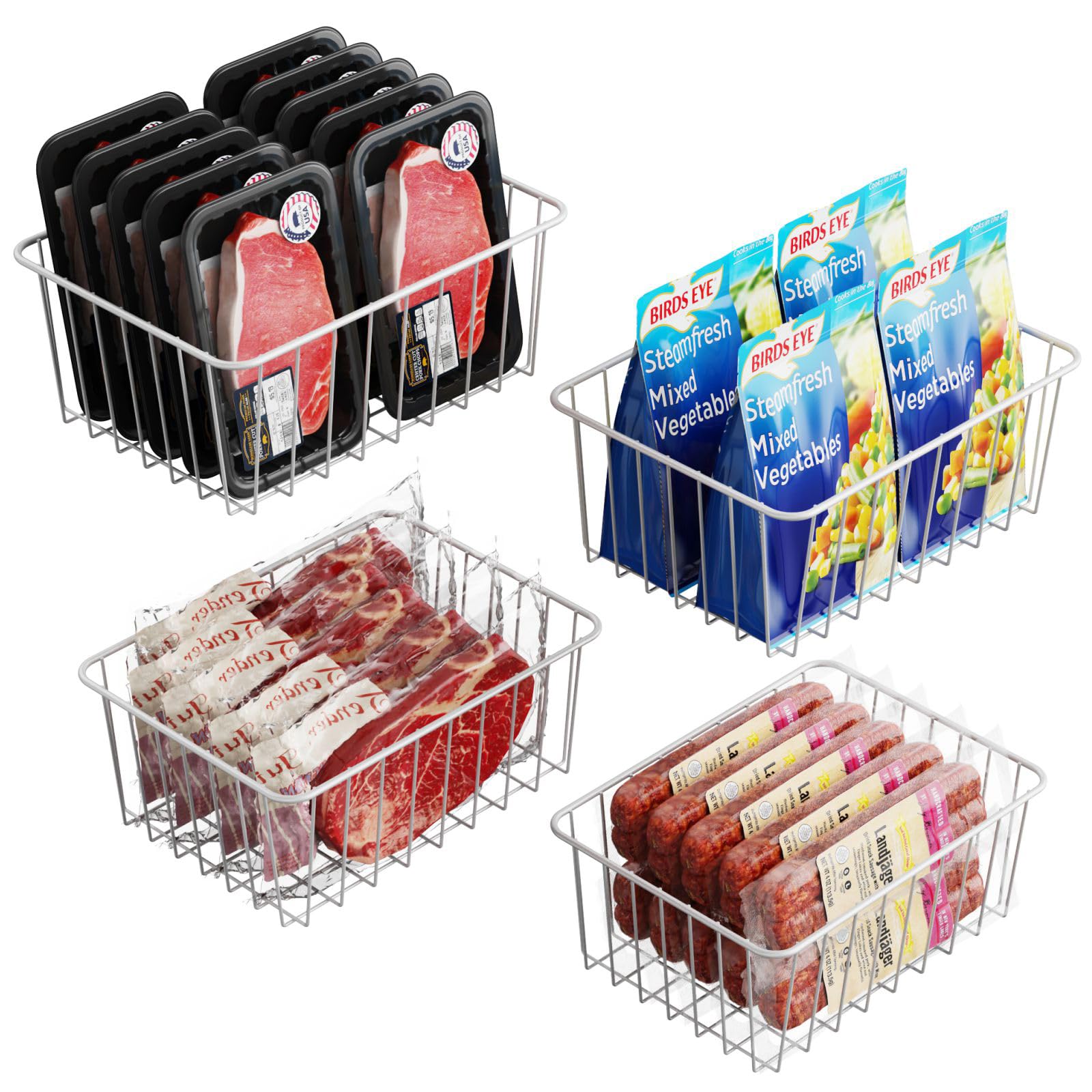 iSPECLE Freezer Organizer Bins - 4 Pack Small Upright Freezer Baskets for 13 cu.ft Stand up Freezer, Easily Get Food and Stop Food Fall out from Freezer, Freeze Efficiently with Air Circulation, White