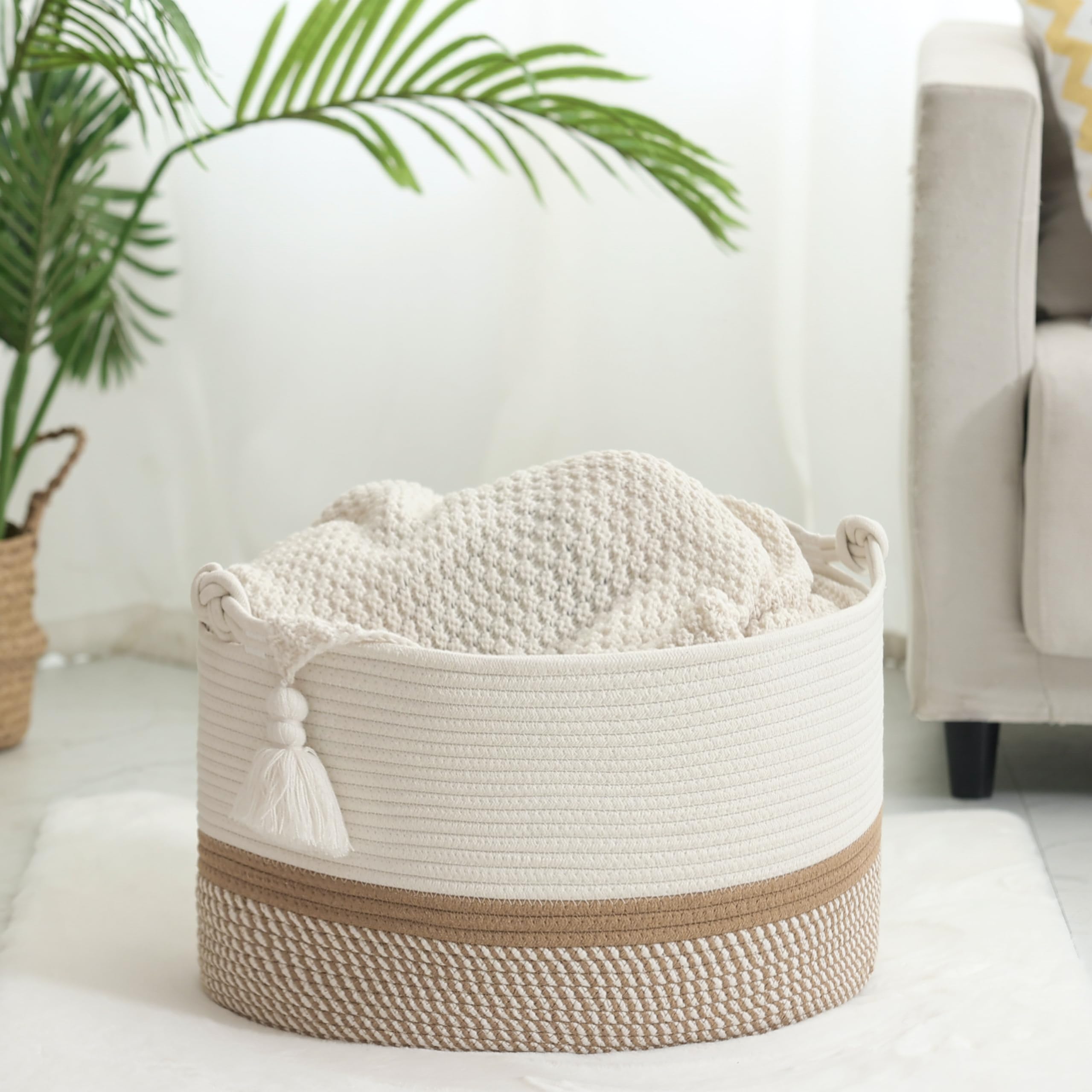 Norheirui Blanket Basket 20”x13”x11”,Large Woven Basket for Storage,Cotton Rope Basket for Blankets in Living Room,Blanket Storage,Kids Toy Basket, Rope Baskets with Handles, Large Basket,White/Brown