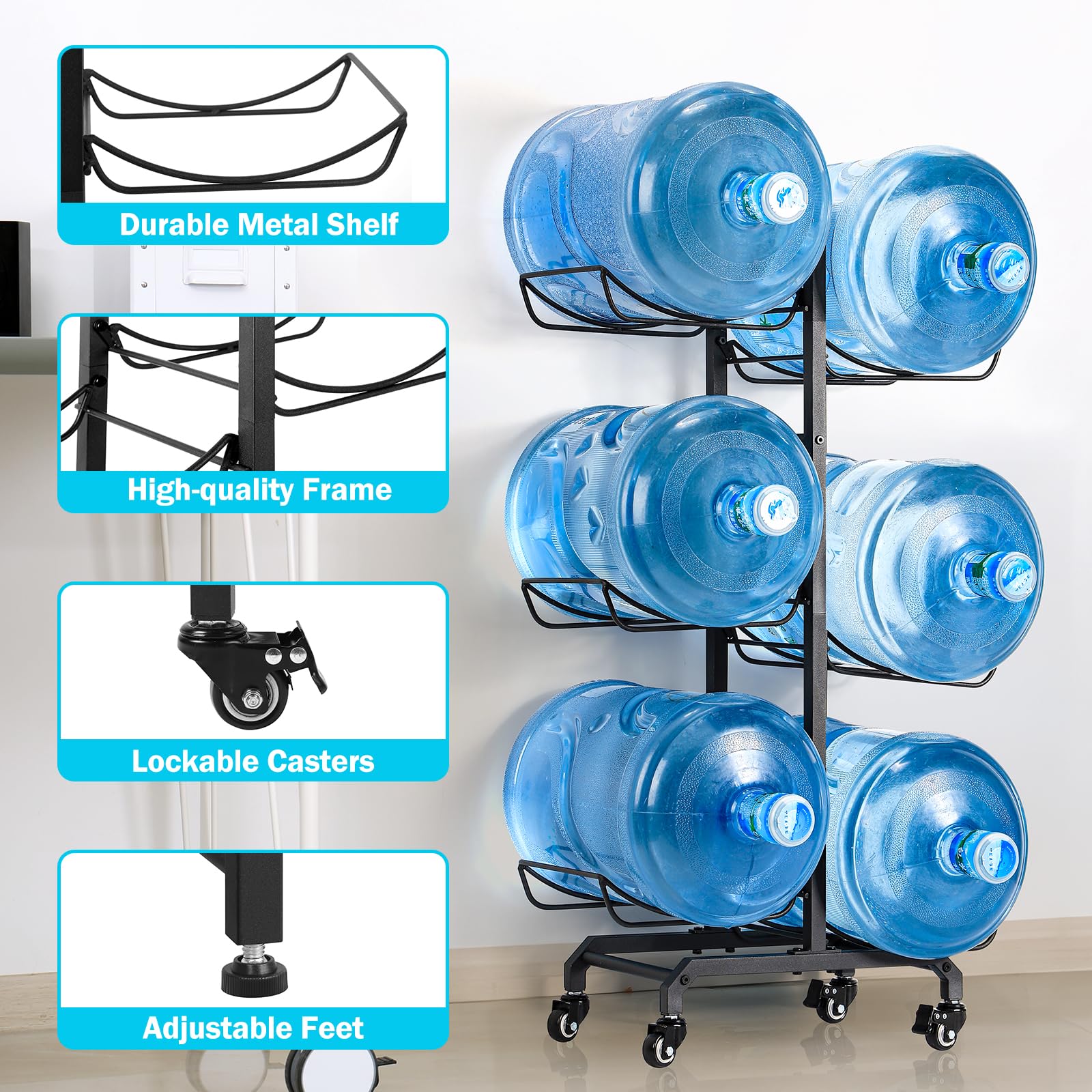 5 Gallon Water Jug Holder 3 Tier Water Bottle Holder Organizer with Wheels Foldable Heavy Duty Water Bottle Storage Rack for Home Office, Garage, Black