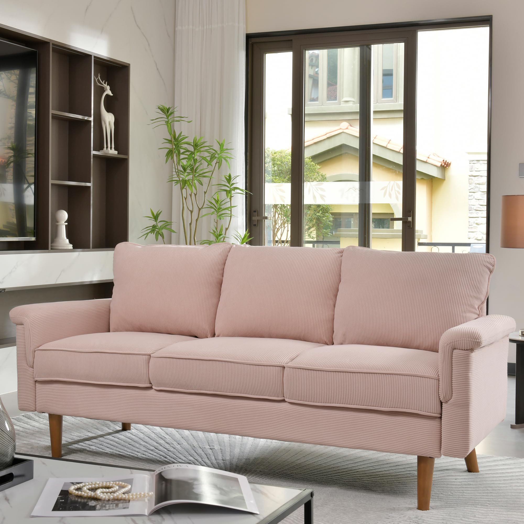 ovios Modern Corduroy Couch with Cloud Cushion,Comfy 3 Seater Sofa with Deep Seat,Comfortable Small Sofas for Small Space Living Room Bedroom Office Apartment (Pink)