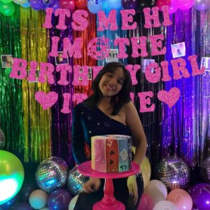 Pre-Strung Its Me Hi Im the Birthday Girl Its Me Banner, NO-DIY Popular Singer Happy Birthday Banner Hot Pink Glitter Birthday Decorations Banner for Fans Girls Women Birthday Party