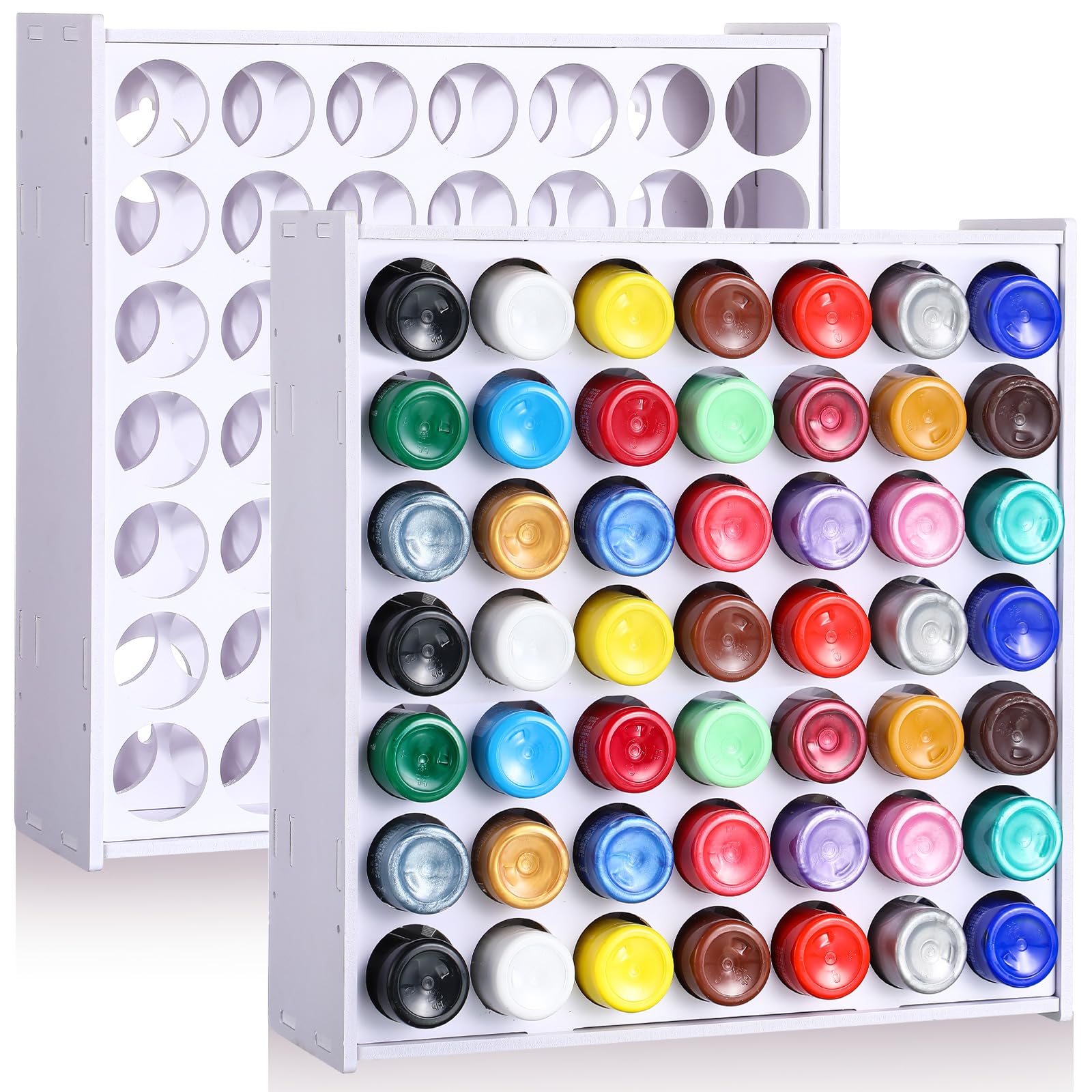 Hicarer 2 Pcs 49 Holes Craft Paint Storage Organizer Vertical Paint Rack Stand Wall Mounted Paint Holder Rack Removable Paint Organizer Box 2oz Paint Bottle Organizer for Art Supplies Painting