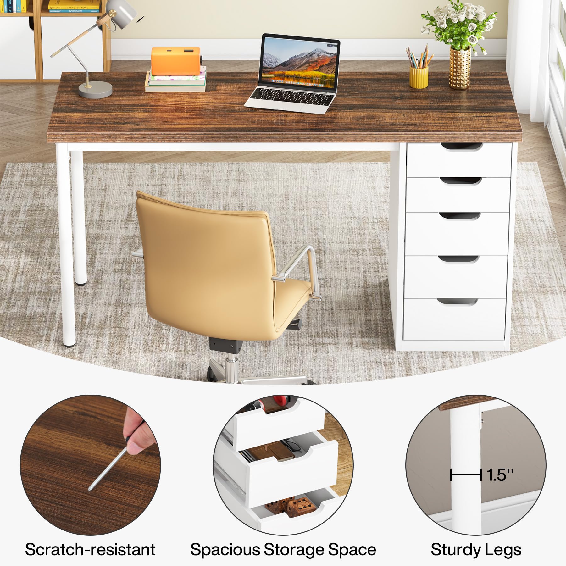 Tribesigns Computer Desk with 5 Drawers, 47 inches Rustic Brown Home Office Desk with Storage, Modern Simple Laptop Desk Study Writing Table for Small Spaces (Reversible Drawer Cabinet)