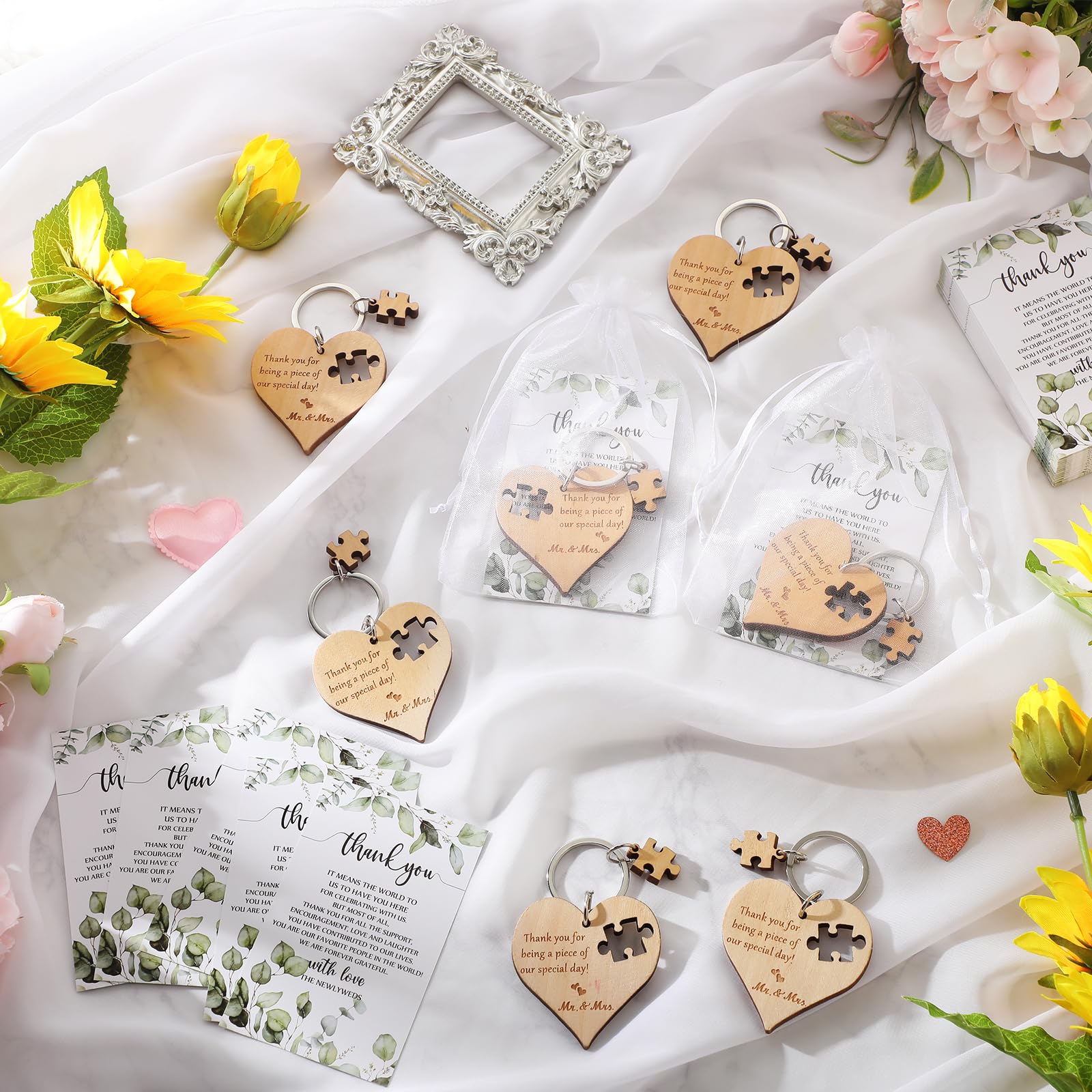 Ecation Wedding Favors for Guests Wood Heart Puzzle Keychains Thank You Cards Gift Bag Bridal Shower Souvenir Gifts(100 Sets)