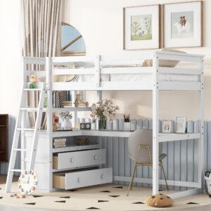 meritline twin loft bed with desk and storage, wooden loft bed twin with shelves and two built-in drawers for kids teens boys girls,no box spring needed,white