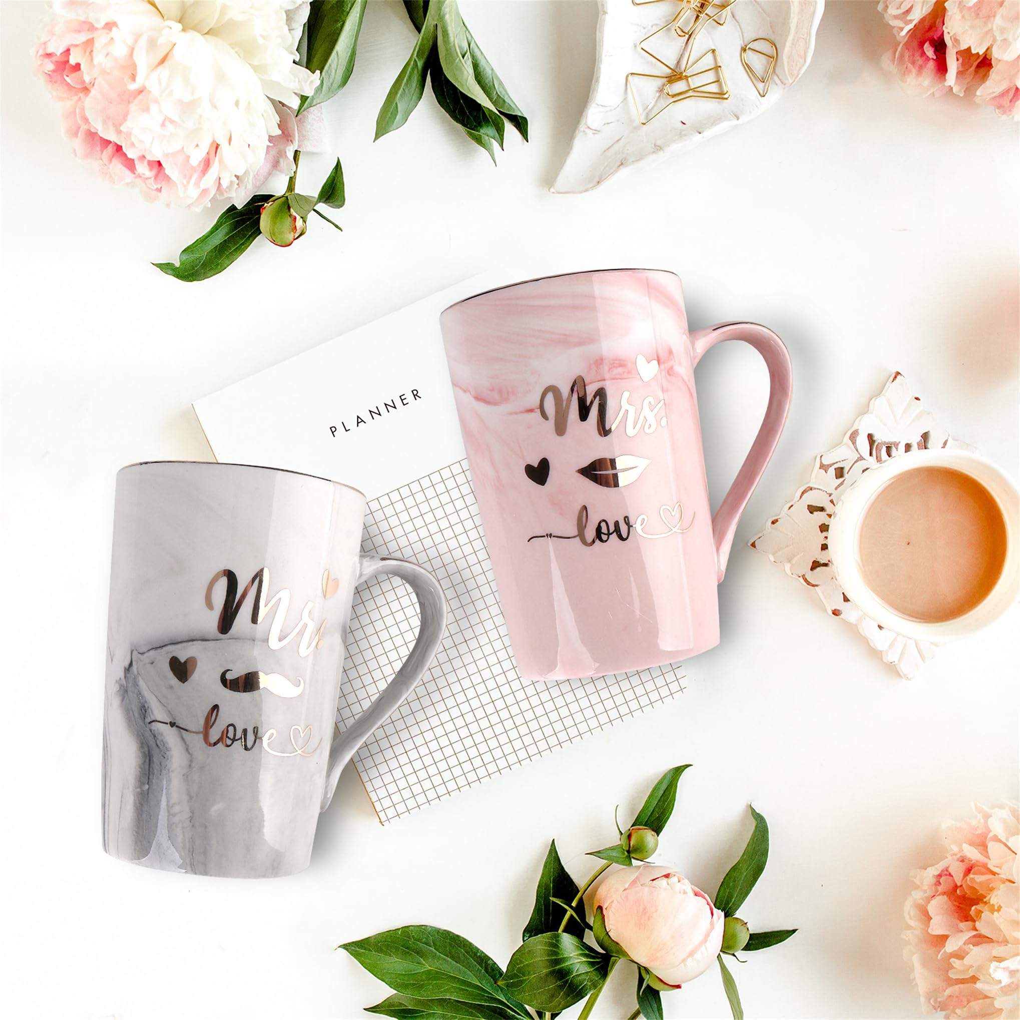 Mr and Mrs Coffee Mugs - 2024 Wedding Gifts for Couple - Bride to Be Gifts Couples Gift Ideas - Anniversary Engagement Gifts for Couple Her Parents - Ceramic Marble Cups 14 Oz