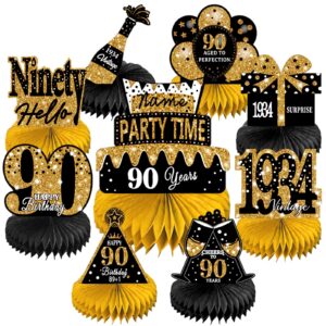 linaye 90th birthday decorations for men women, black and gold honeycomb centerpieces for 90 year old birthday party,90th birthday centerpieces for table,vintage ninety birthday decoration decor