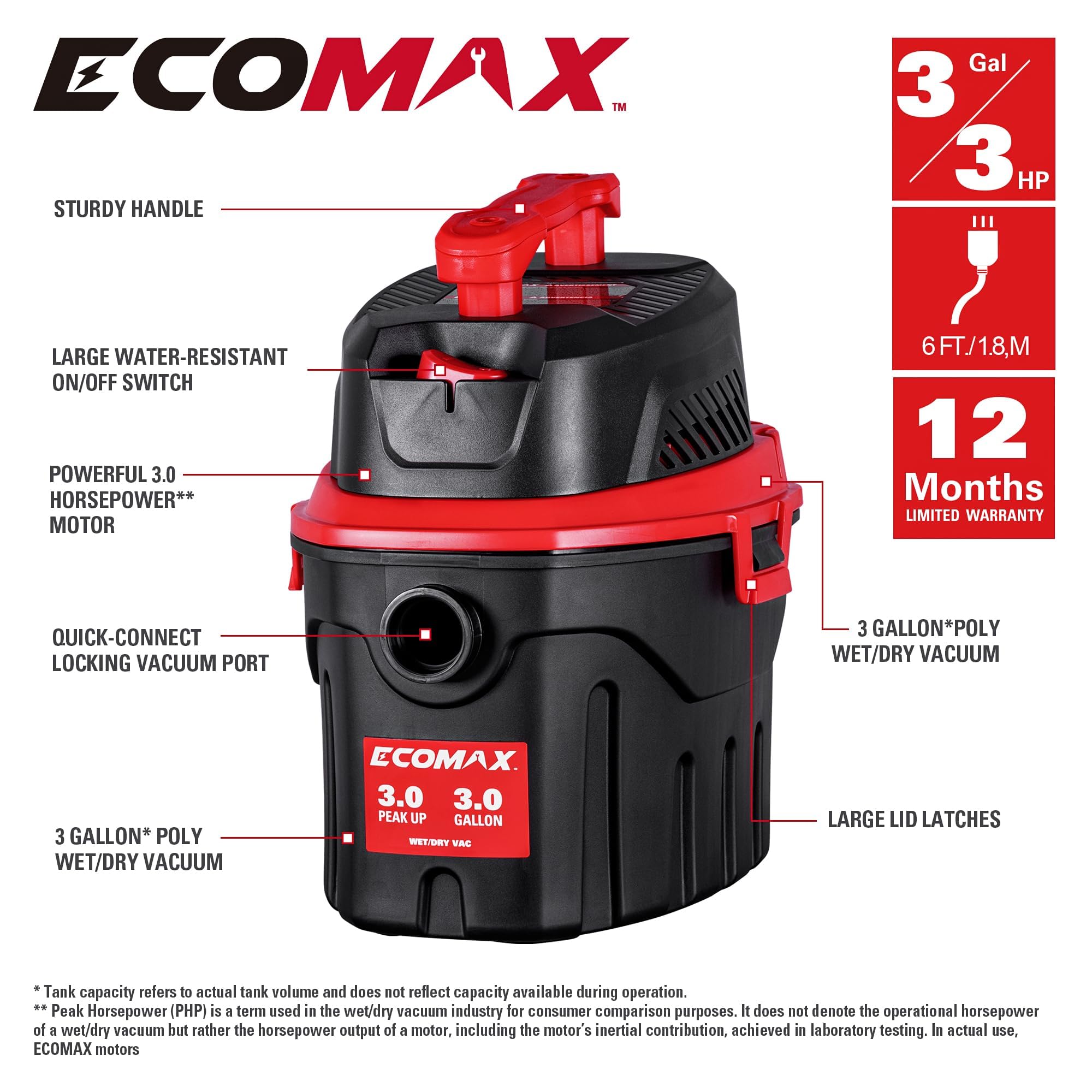 ECOMAX Small Shop Vacuum Wet/Dry 3 Gallon, 3 Peak HP, Small Shop Wet Dry Vac, 3-in-1 Mini Shop Vacuum with Blower Function, with Air Flow 80CFM, for Home, Car Detailing, Workshop, EM18910P-3