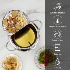 YLARMY Deep Fryer Pot, 11 Inch/4.2 L Janpanese Tempura Frying Pot with Lid, Stainless Steel thermometer deepfryer with Temperature Control Oil filter rack, Kitchen French Fries maker, Chicken Oil Fry