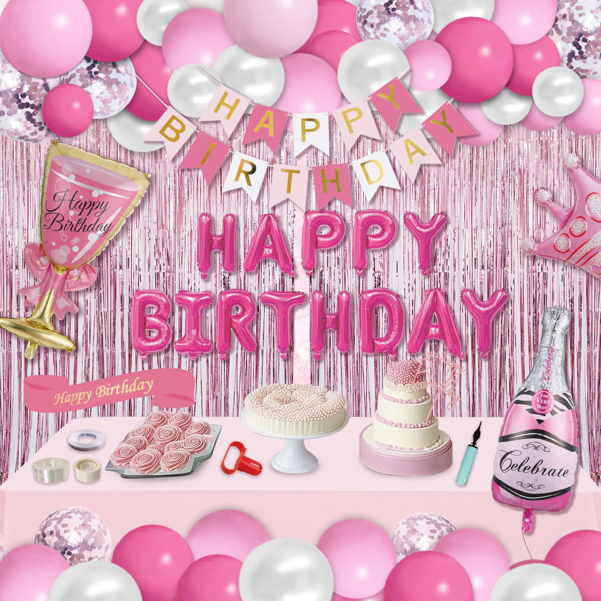 Party Spot! 103 pcs Pink Birthday Decorations, Pink Decorations for Party, Balloon Arch, Tablecloth, Banner, Fringe Curtain, Birthday Decoration for Women, Pink Party Decorations