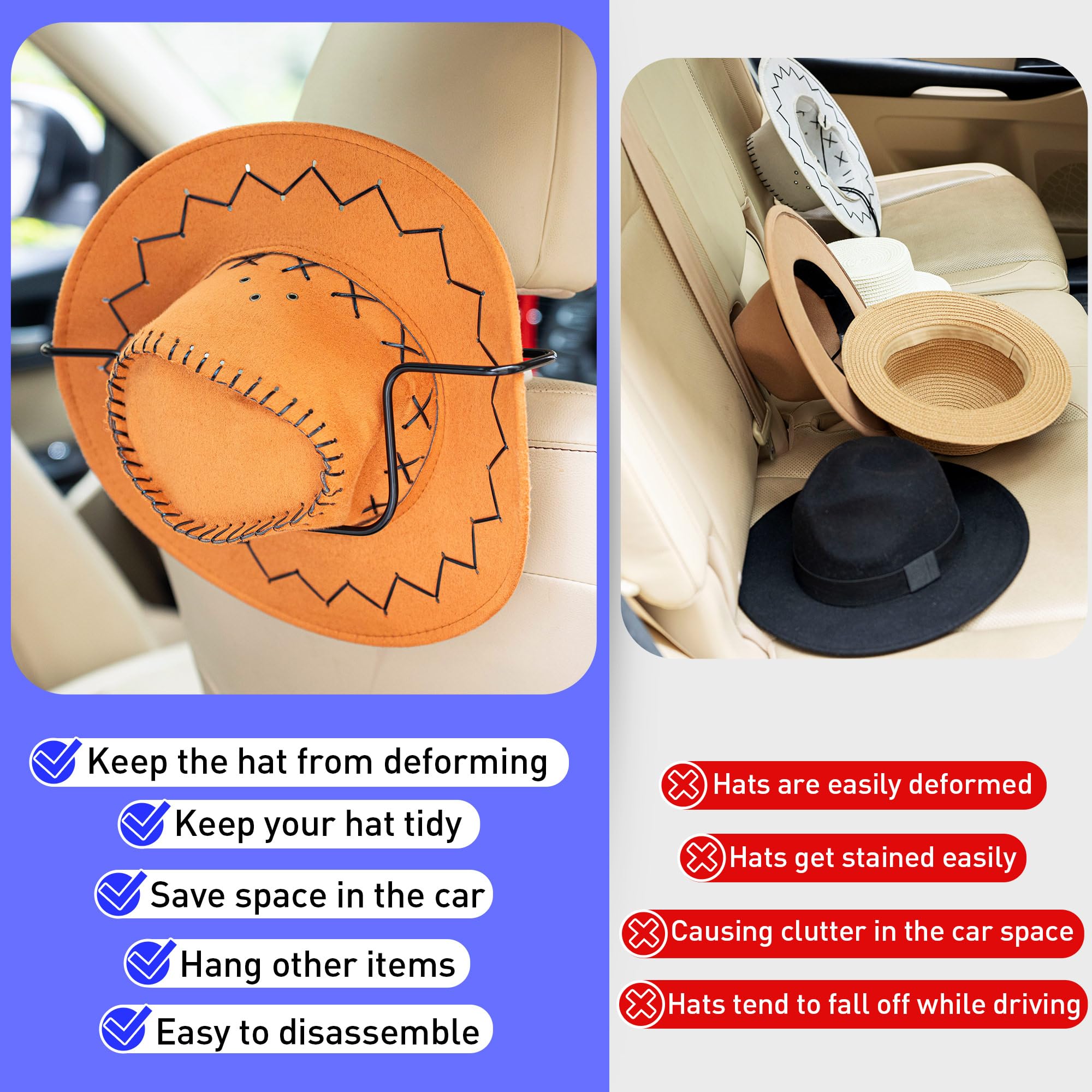 Cowboy Hat Rack for Truck, 2 Pack Cowboy Hat Holder Rack for Truck SUV Car, Keep Hat Shape, Car Clothes Hanger Bar Coat Hanger Hard Hat Holder for Truck Seat Car Accessories