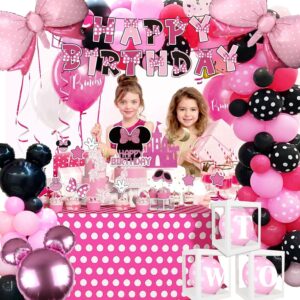 Pink Mouse Birthday Party Supplies - Pink Mouse Balloon Garland Arch Kit for Cartoon Mouse Theme Birthday Party Decorations for Girl, Pink Bow Foil Balloons and Banners for Baby Shower Party Supplies