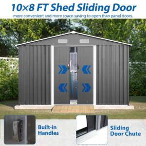 Lifeand 10’x 8’ Outdoor Storage Shed, All Weather Metal Sheds with Metal Foundation & Lockable Doors, Tool Shed for Garden, Backyard, Front Yard, Lawn, Patio, Grey